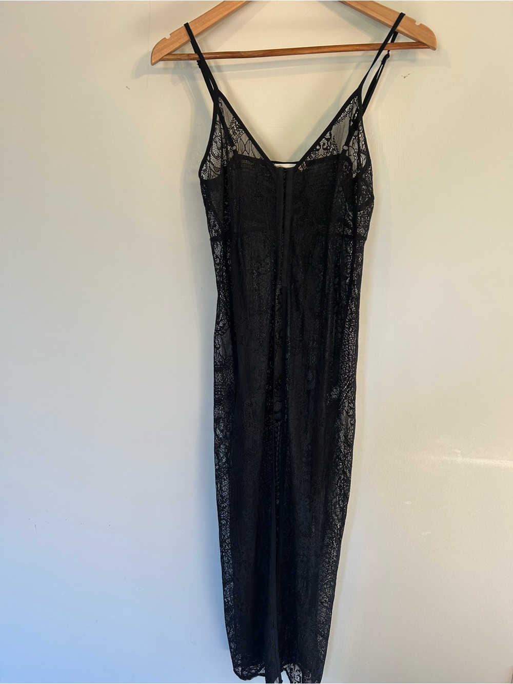 Lush Black Lace Sheer Long Maxi Slip Dress Kimono Vest Spaghetti Straps Sexy M